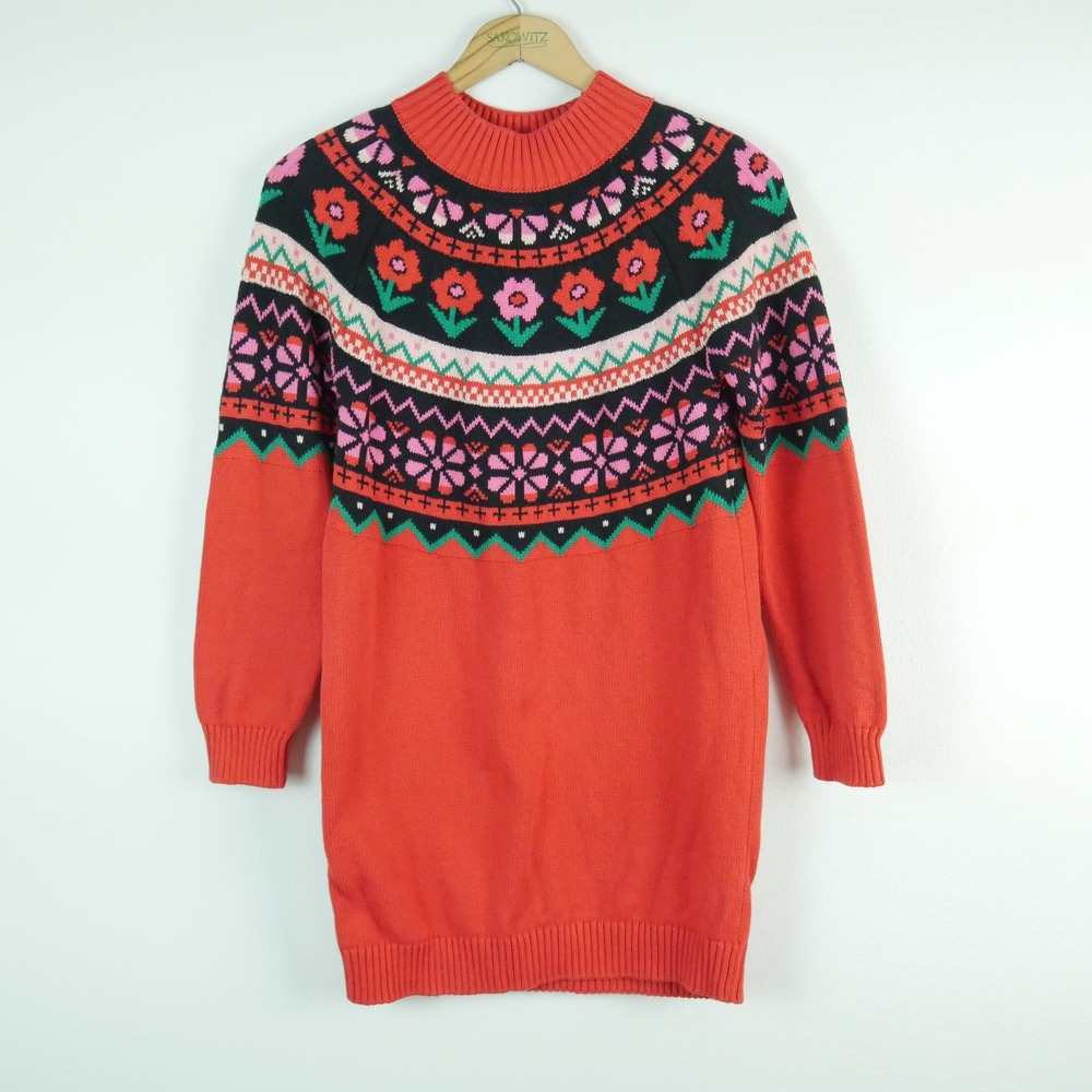Hanna Andersson Girls Red Floral Fair Isle Cotton Sweater Dress Size 10 140cm
